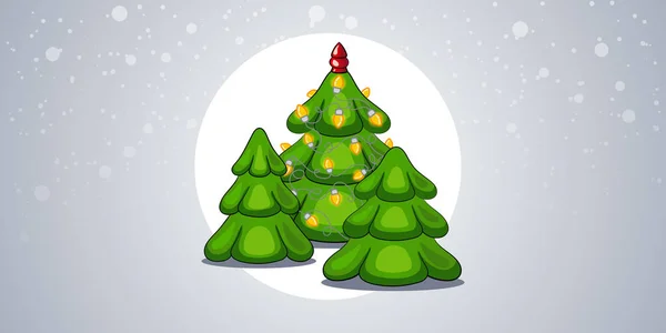 Διακοσμημένα με παιχνίδια και τις γιρλάντες, το χριστουγεννιάτικο δέντρο που στέκεται στο δάσος κατά τη διάρκεια μια χιονόπτωση. — Διανυσματικό Αρχείο