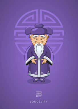 Asya bilge ihtiyar geleneksel giysiler içinde çizgi film el çekilmiş 