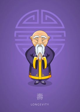 Asya bilge ihtiyar geleneksel giysiler içinde çizgi film el çekilmiş 