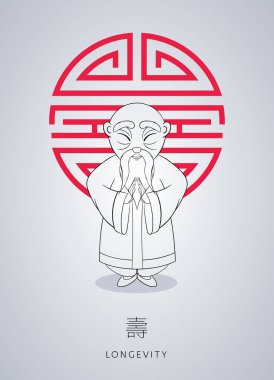 Çizgi film el Asya gri saçlı bilge ihtiyar Ulusal clclothes çekilmiş.