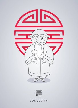 Çizgi film el Asya gri saçlı bilge ihtiyar Ulusal clclothes çekilmiş.