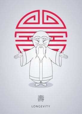 Çizgi film el Asya gri saçlı bilge ihtiyar Ulusal clclothes çekilmiş.