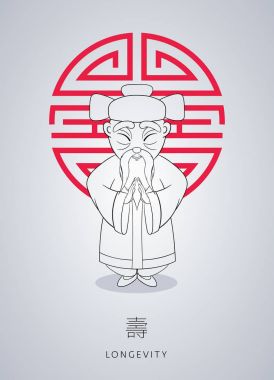 Çizgi film el çekilmiş Asya gri saçlı bilge ihtiyar süsleme ve şapka ile ulusal giysiler içinde sembol servet arka plan üzerinde.