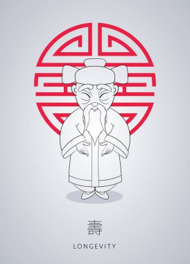 Çizgi film el çekilmiş Asya gri saçlı bilge ihtiyar süsleme ve şapka ile ulusal giysiler içinde sembol servet arka plan üzerinde.