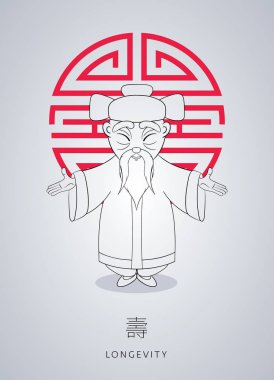 Çizgi film el çekilmiş Asya gri saçlı bilge ihtiyar süsleme ve şapka ile ulusal giysiler içinde sembol servet arka plan üzerinde.