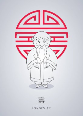 Çizgi film el çekilmiş Asya gri saçlı bilge ihtiyar süsleme ve şapka ile ulusal giysiler içinde sembol servet arka plan üzerinde.