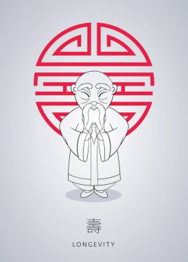 Vektör çizim farklı pozlar Ulusal giysileri içinde Asya yaşlı adam kümesi. Uzun ömürlü ve zenginlik eski simgesi.