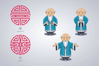 Vektör çizim farklı pozlar Ulusal giysileri içinde Asya yaşlı adam kümesi. Uzun ömürlü ve zenginlik eski simgesi.