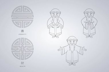 Vektör çizim farklı pozlar Ulusal giysileri içinde Asya yaşlı adam kümesi. Uzun ömürlü ve zenginlik eski simgesi.
