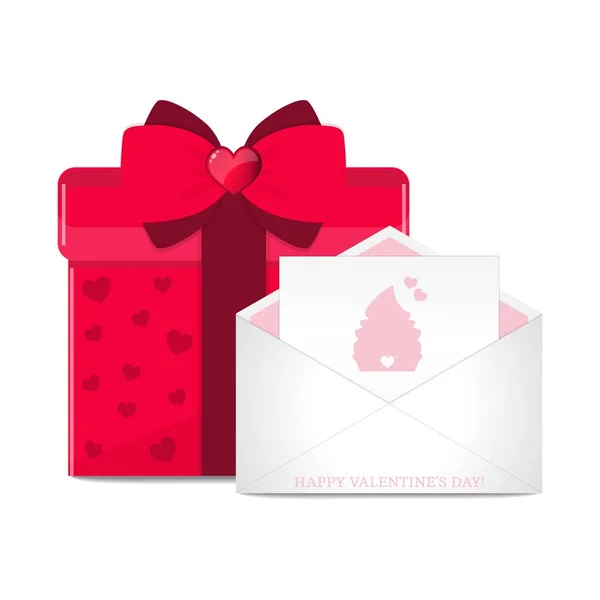 Vector wenskaart in envelop en rode doos van de gift. — Stockvector