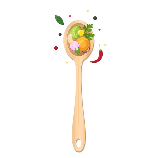 Vegetables in wooden spoon and spices. — Stock Vector