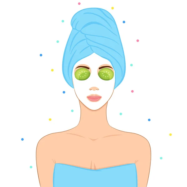 Mooie vrouw met gezichts masker. Home Spa concept. — Stockvector