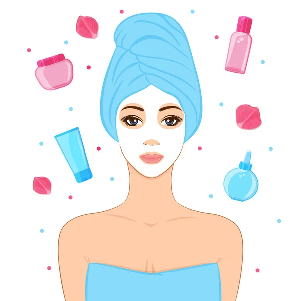 Belle femme avec masque facial, cosmétiques et pétales de rose — Image vectorielle