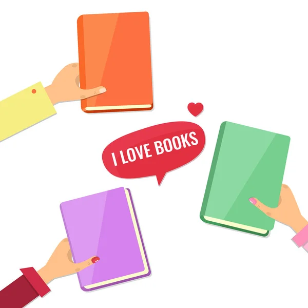 Mãos com livros. Eu amo o conceito de livros . —  Vetores de Stock