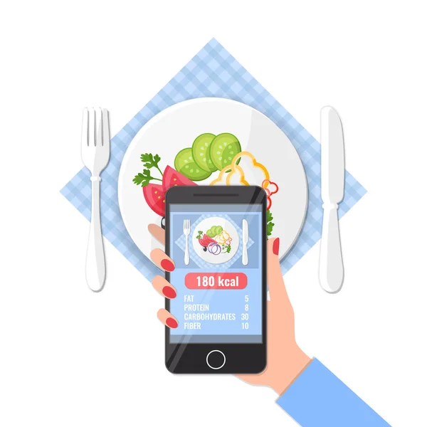 Telefonen med app för att räkna kalorier i foton på en smartphone. — Stock vektor