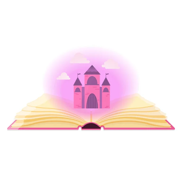 Libro abierto con polvo mágico y castillo de hadas . — Vector de stock