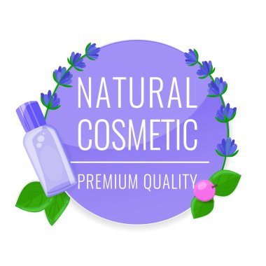Lavanta çiçekleri, yapraklar, böğürtlen ve kozmetik şişeli güzellik çemberi afişi. Doğal kozmetik konsepti