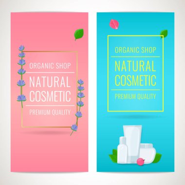 Eflatun çiçekli ve kozmetik şişeli güzellik afişleri. Doğal kozmetik ürünleri konsepti
