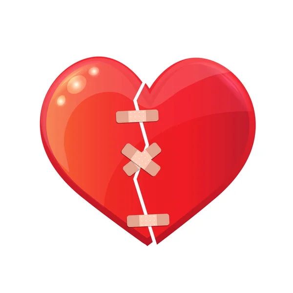 Tarjeta Día de San Valentín. Un gran corazón rojo con un parche médico sobre él.. — Vector de stock