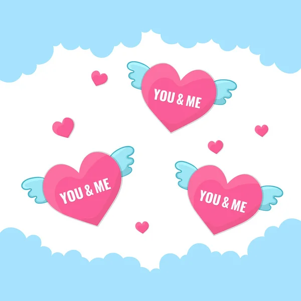 Tarjeta de Día de San Valentín feliz. Tres corazones rosados con alas en las nubes del cielo. — Vector de stock