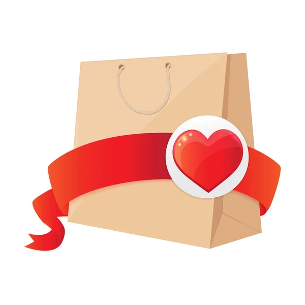 Borsa di carta con nastro rosso e cuore su sfondo bianco. — Vettoriale Stock