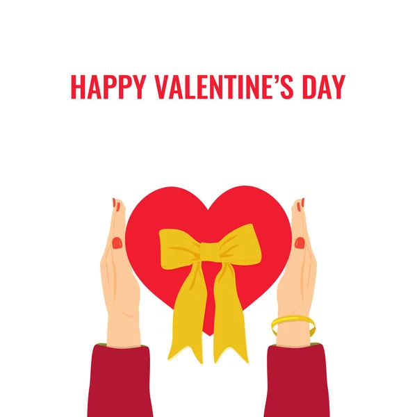 Manos sosteniendo el regalo rojo en forma de corazón con arco amarillo sobre fondo blanco — Vector de stock