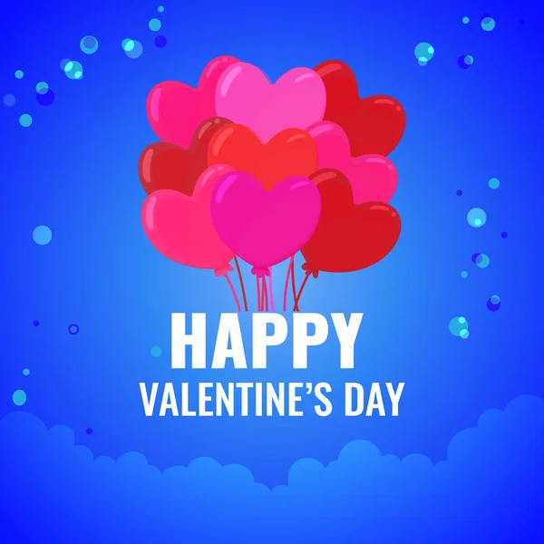 Happy Valentines Tageskarte. viele rote Kugeln auf blauem Gradienten Hintergrund mit Wolken. — Stockvektor
