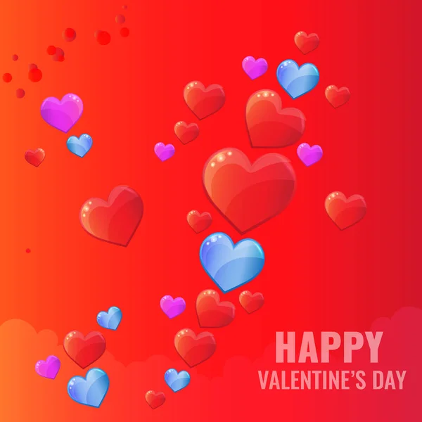 Buon San Valentino card. Un sacco di cuori rossi, blu, viola su sfondo sfumato rosso con nuvole. Amore, concetto romantico . — Vettoriale Stock