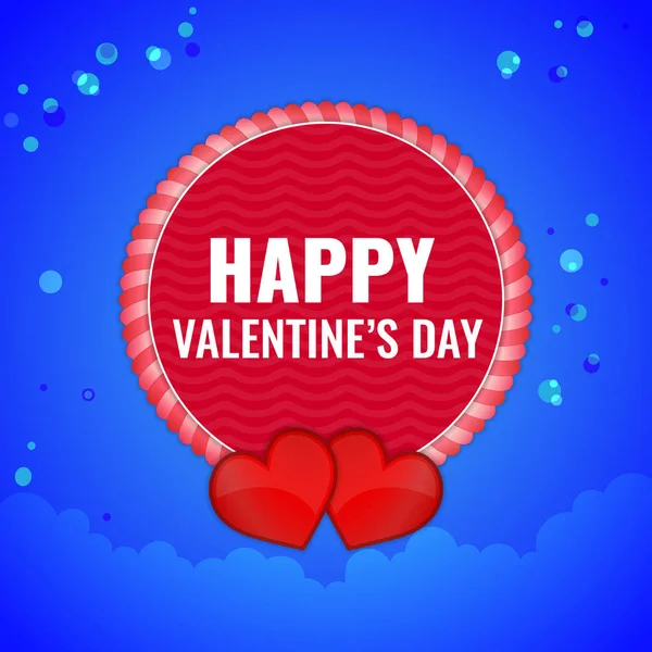 Feliz San Valentín banner redondo con dos corazones rojos sobre fondo azul con una nube . — Vector de stock