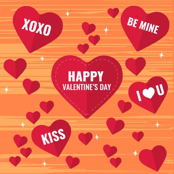 Feliz cartão de Dia dos Namorados lotes de corações vermelhos com inscrições em um fundo texturizado laranja. Amor, conceito romântico . — Vetor de Stock