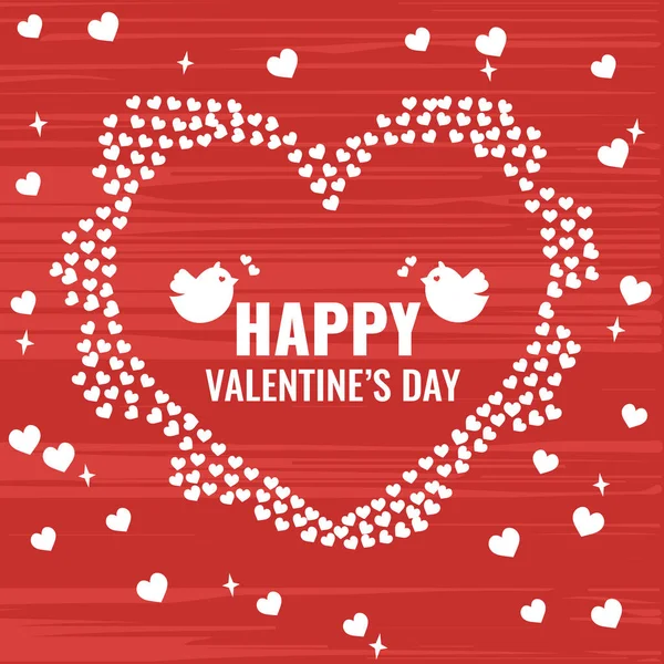 Glückliche Valentinstagskarte. ein Vogelpaar in einem durchbrochenen Herzen auf rotem Hintergrund mit weißen Herzen. Liebe, romantisches Konzept. — Stockvektor