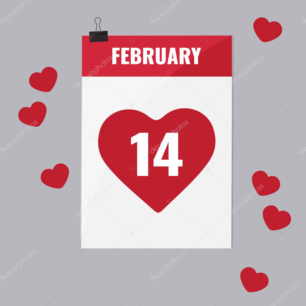 Tear-off calendar with the date February 14 on a gray background with hearts on the sides