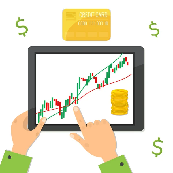 Computer tablet with trading candlestick chart graphic design. Financial market concept. Vector stock illustration. — Stock Vector