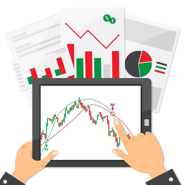 电脑平板与交易烛台图表图形设计.研究金融市场的概念。矢量存量说明. — 图库矢量图片