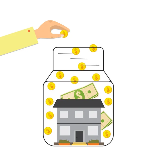 ガラス瓶の家と手はお金を投資する-銀行とクレジットのシンボル. — ストックベクタ