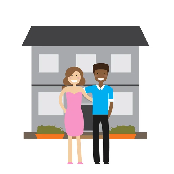 House and young couple. Home purchase, own houses, mortgage, invest concept. — Stock Vector