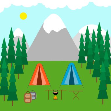 Ormanda çadır kampı, dağlar ve göl, kamp ateşi. Kamp, kamp, açık hava eğlencesi konsepti..