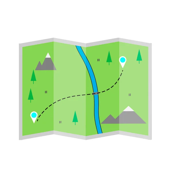 Mapa de uma área florestal com montanhas e um rio. Orientação no terreno, conceito de localização de caminhos . — Vetor de Stock