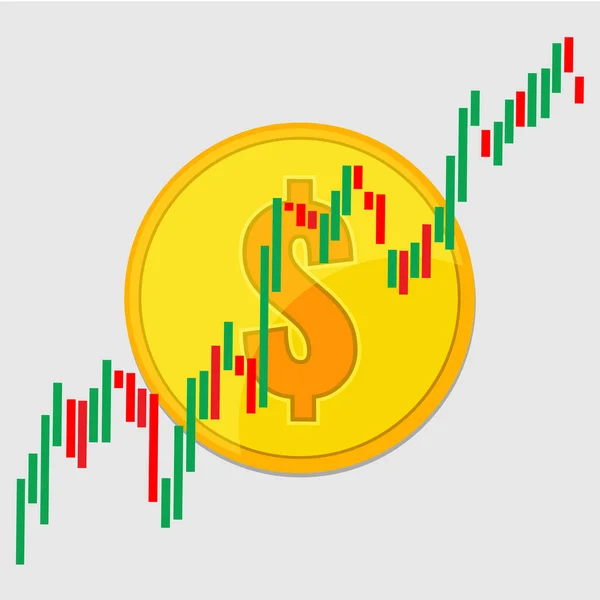 ( 영어 ) Dollar gold coin and Candlestick chart graphic design. 달러 화폐의 가격 개념. — 스톡 벡터