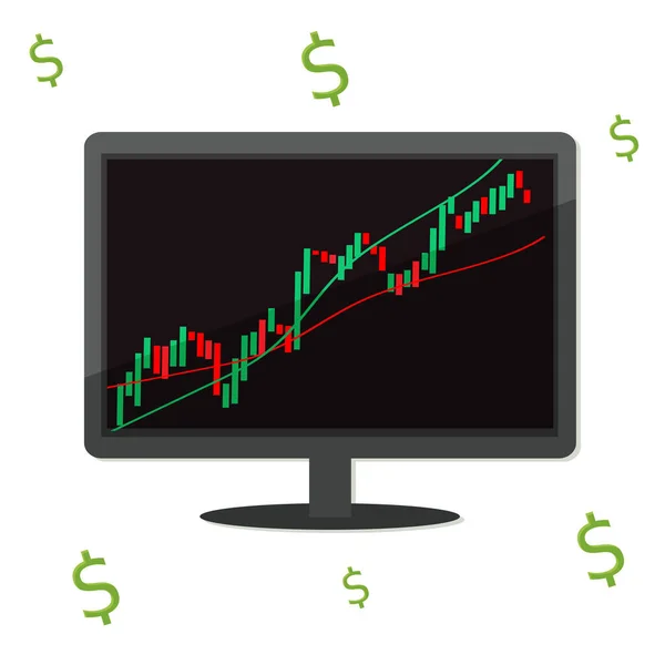 Monitoruj ekran z wykresem handlowym grafiki i znak dolara. Praca nad koncepcją rynku finansowego. — Wektor stockowy