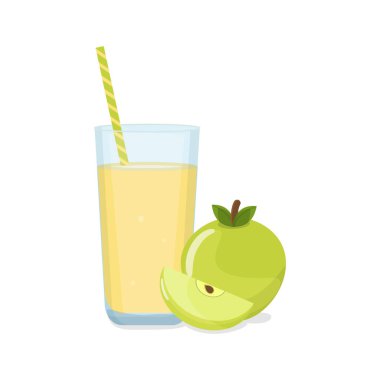 Uzun bardak elma suyu, tüp ve dilimli yeşil elma. Doğal taze sıkılmış meyve suyu. Sağlıklı beslenme.