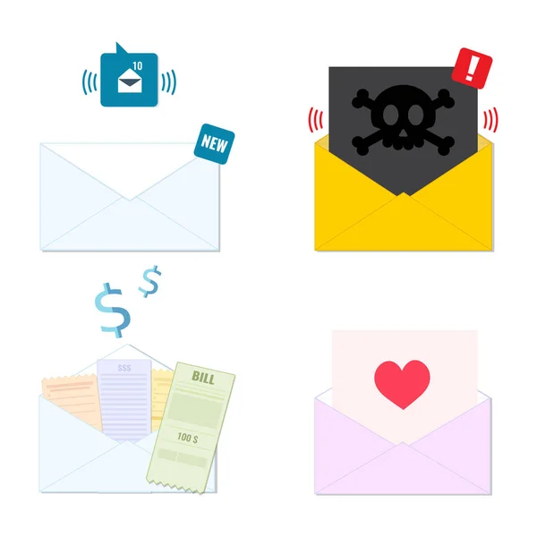 Insamling av kuvert ikoner nya inkommande e-post, spam, kvitto, gratulationskort. Sändlista, e-posttjänstkoncept. — Stock vektor