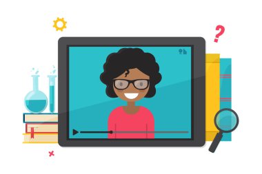 Çevrimiçi eğitim, uzaktan öğrenme konsepti. Video öğretmeni olan tablet bilgisayar.