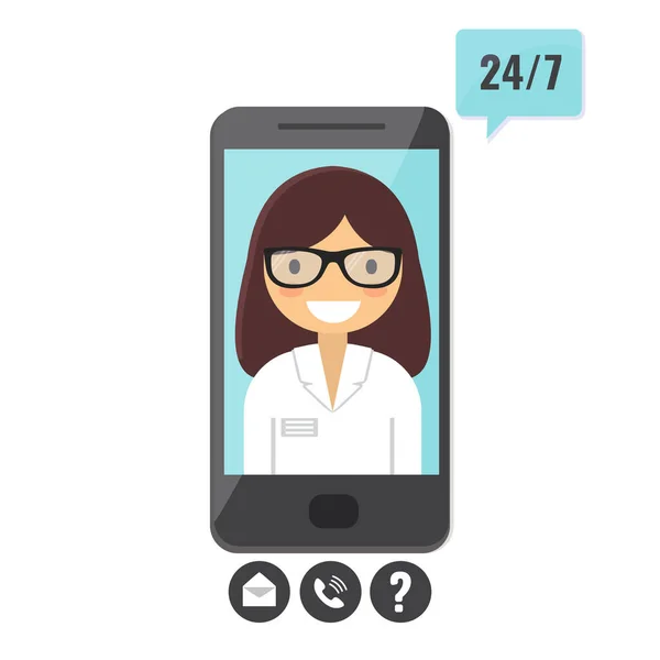 Concept de médecin en ligne. Consultation des patients via smartphone, application de support médical . — Image vectorielle