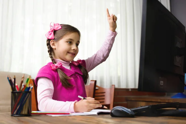 Online Remote Education Concept, Child Girl Studying At Home