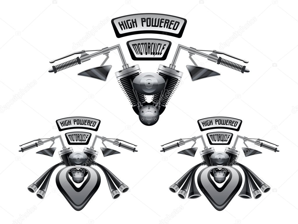 High powered motorcycle concept with gigantic performance exhausts on white background. 3d vector illustration.