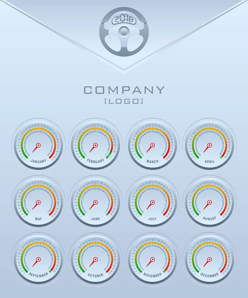 Templat Kalender 2018 dengan tema dasbor speedometer mobil. Vec - Stok Vektor