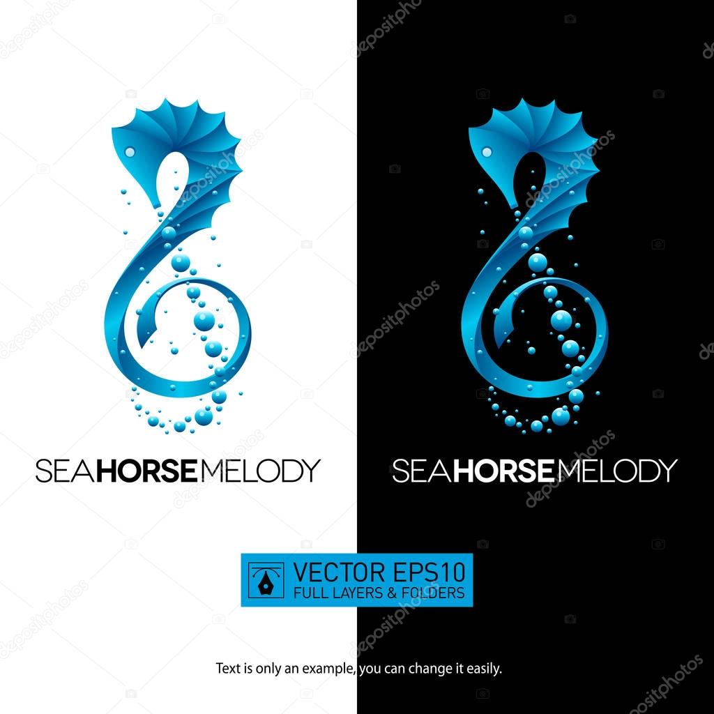 Seahorse-shaped music concept with treble clef for your designs. Isolated vector illustration logo on white background. Full layers and folders.