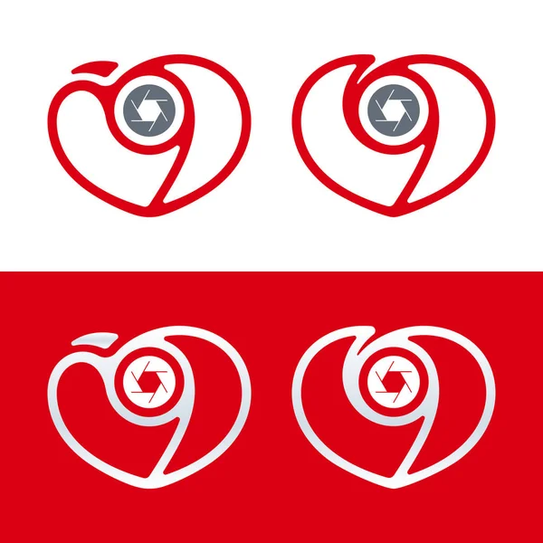 Photography logo. Camera icon with heart and shutter. Love theme — Stock Vector