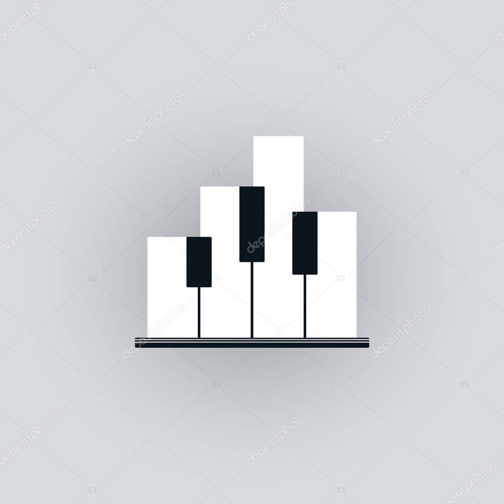 Piano keyboard symbol with abstract buildings shape. Music and city concept design.